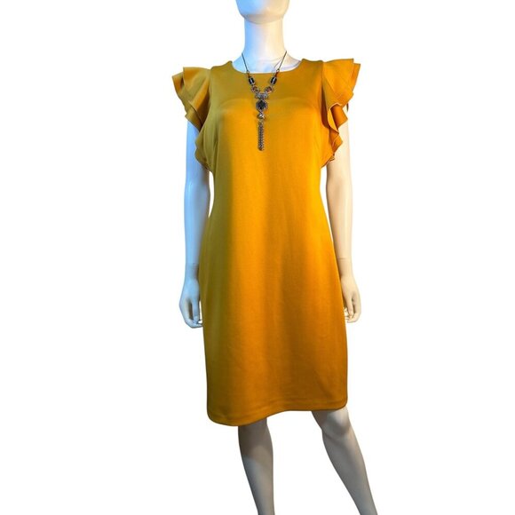 Tommy Hilfiger Mustard Ruffle Sleeve Shift Midi Dress Size 10 Polyester EUC - Picture 1 of 11